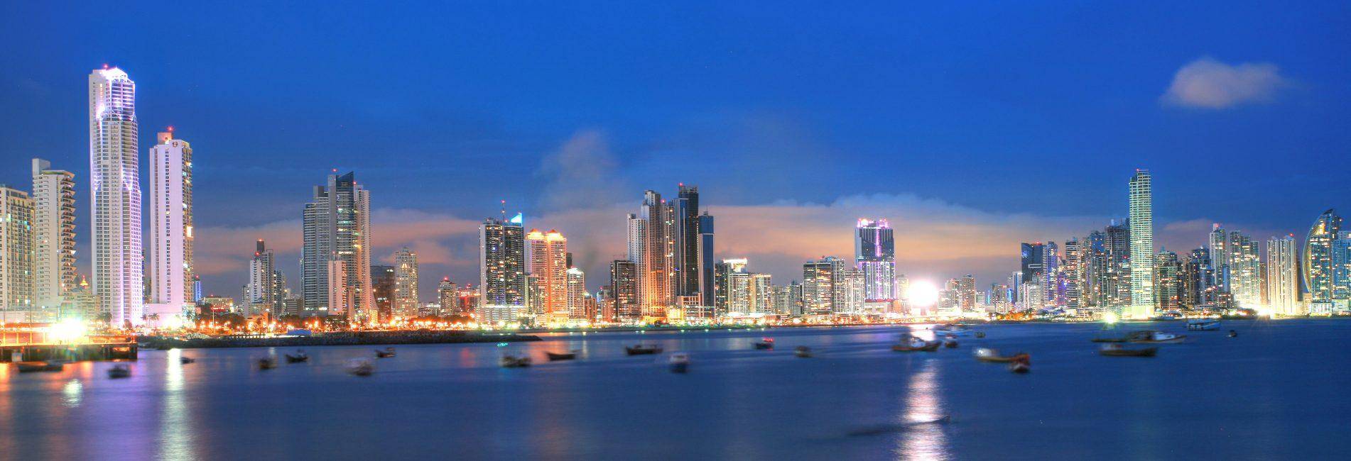 Panama City, city center skyline and Bay of Panama, Panama, Central America at sunset.